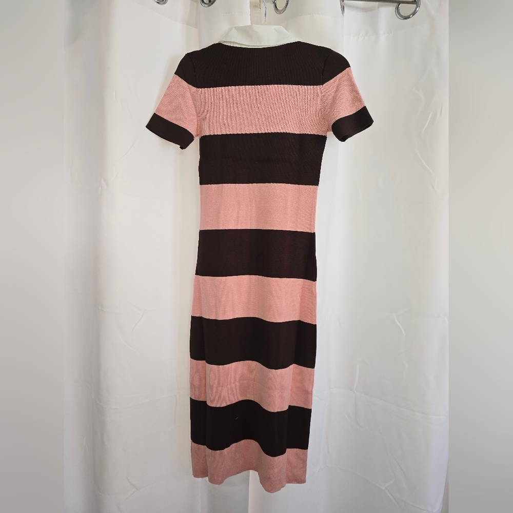 Active USA Striped Knit Polo Midi Dress - Pink & Brown Preppy Collared Sheath - Picture 8 of 15